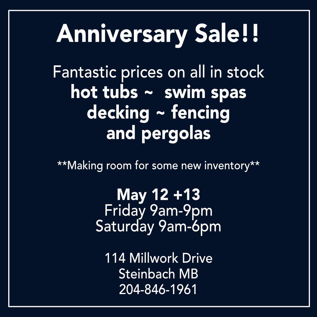 Deckcetera Anniversary Sale on all in stock hot tubs, swim spas, decking, fencing and pergolas May 12-13, 2023